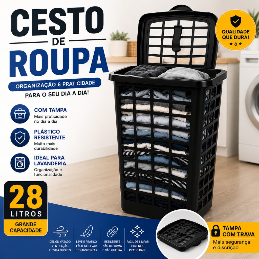 Cesto de Roupa Suja 28 Litros com Tampa Organizador Preto Grande para Banheiro e Lavanderia
