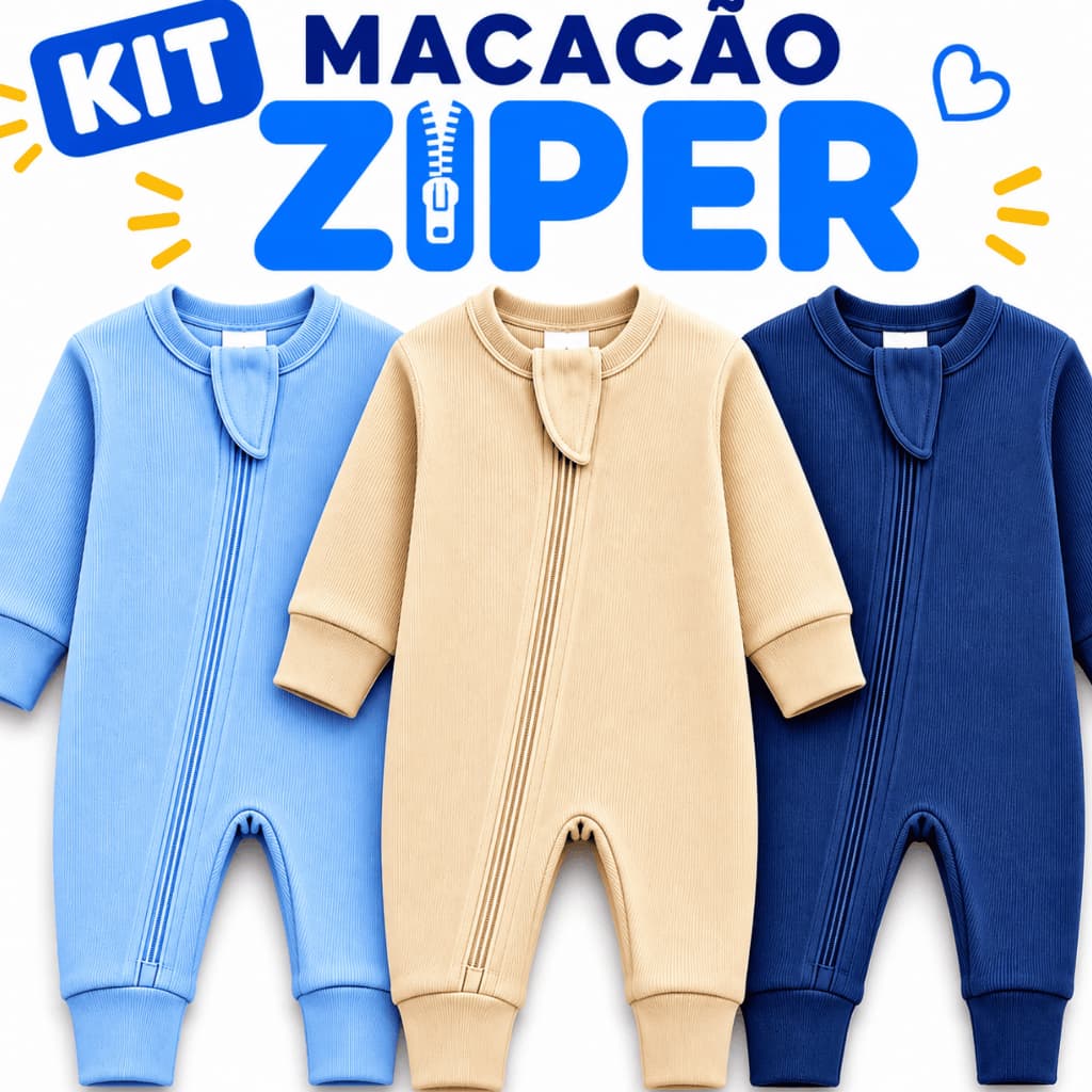 Kit 2 3 Macacão Bebê Menino Canelado Zíper Algodão Manga Longa Liso Vira Pé Recém Nascido Enxoval Roupa Bebê P M G