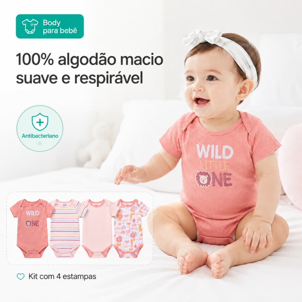 Kit 3 ou 4 Body Bebê Manga Curta 100% Algodão Menino Menina Estampado Roupa Infantil Enxoval 3M 6M 9M