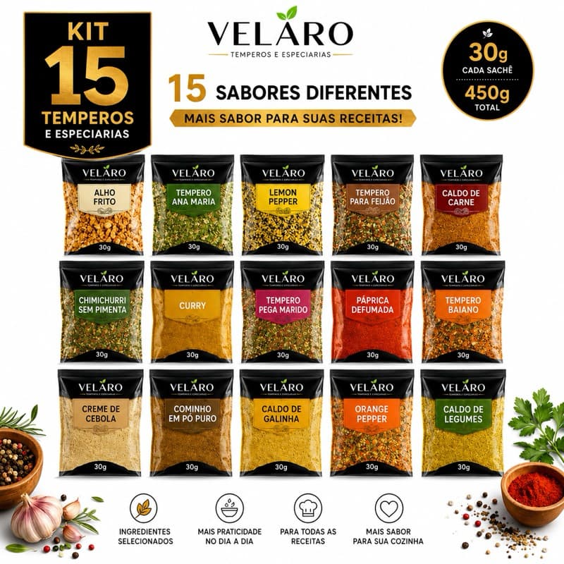 Temperos para Carnes e Churrasco 15 Sabores 30g Condimentos para Frango Peixes e Cozinha