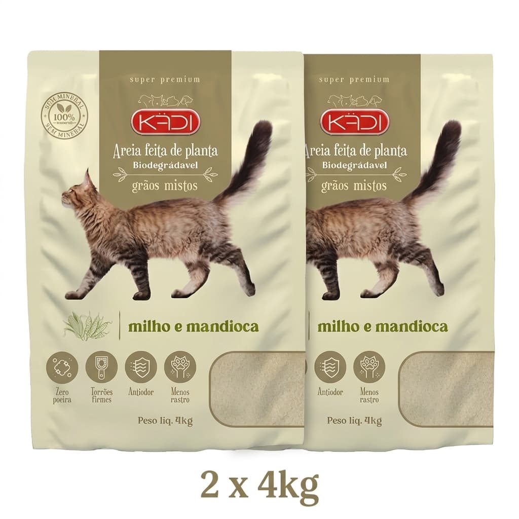 Kit 2x Areia Sanitária Grãos Mistos Kadi 8kg Para Gato Granulado Mandioca Milho Biodegradável Vira Torrões