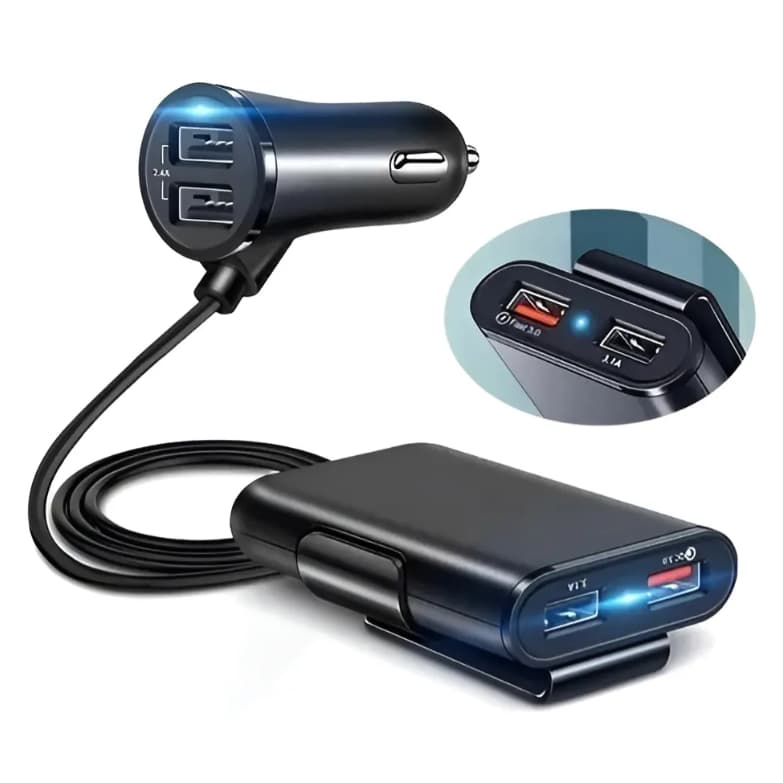 Carregador Automotivo Veicular 4 Portas USB Com Extensor 1,80cm. Ideal para carros de aplicativos