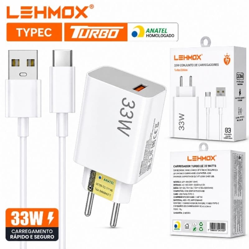 Carregador Lehmox 33W Turbo USB + Cabo Tipo C Carregamento Rápido para Celular Android Promo4