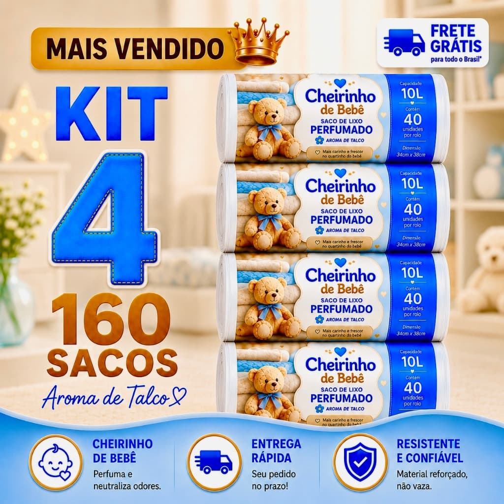 Kit 4 Sacos de Lixo Talco Perfumados 160 Sacos Pia e Banheiro 34x38cm Neutraliza Odores Fralda  bebê