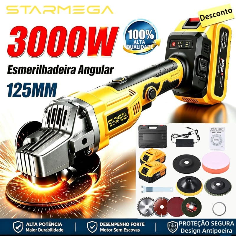 STARMEGA Esmerilhadeira Lixadeira Angular Profissional 125MM Brushless 18000RPM 2 Bateria 3000W