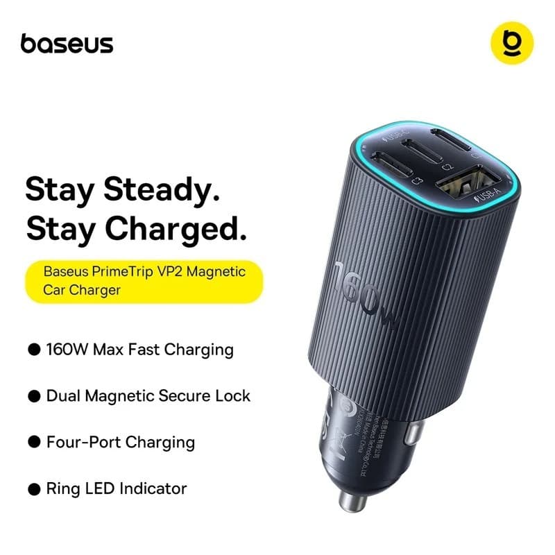 Carregador Veicular Baseus 160W PD3.0 PPS Carga Rápida 4 Portas USB-C USB-A p/ iPhone 17 16 15 14 Notebook e Tablet