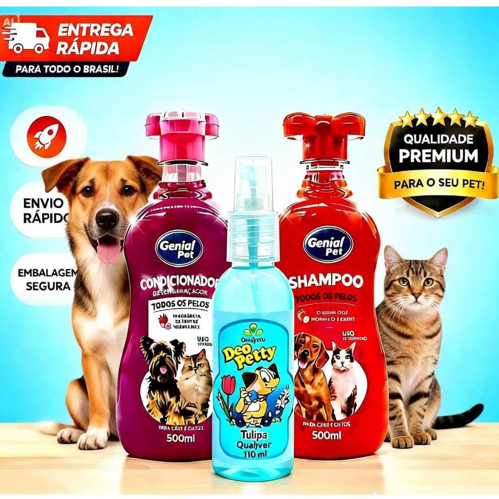 Shampoo Pet + Condicionador + Colônia Kit Banho Cachorro e Gato Cheiroso Higiene Pet
