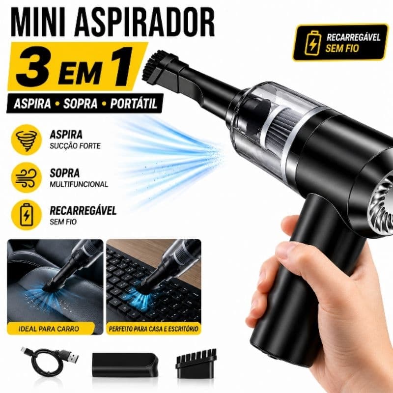 Mini Aspirador de Pó Portátil 3 em 1 Soprador Recarregável Premium Automotivo Preto 127/220V