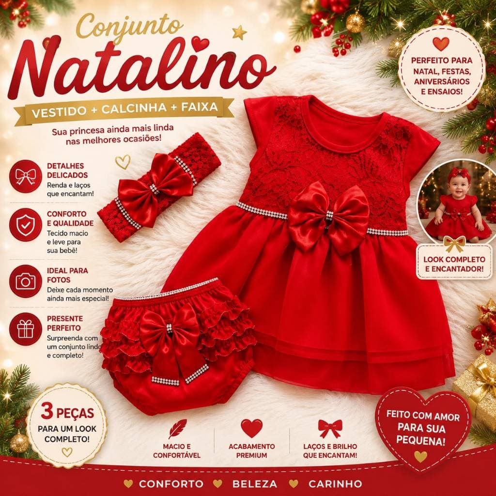 Conjunto Vestido De Bebê Renda Menina Vermelho com Calcinha Tapa Fralda e Faixa Laço Natal Festa Infantil Natalina