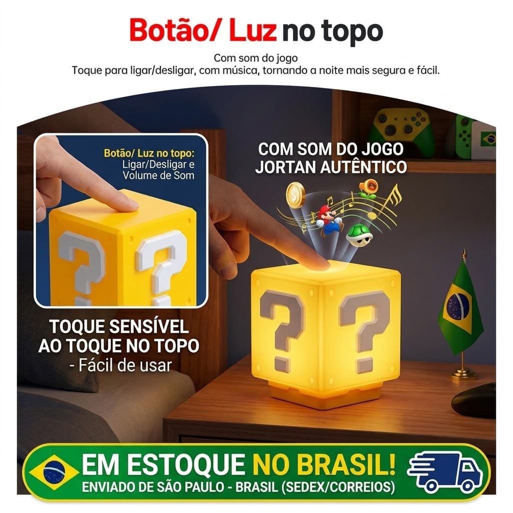 Luminária Super Mario Bros com Som Cubo Bloco Gamer LED Decoração Quarto Presente