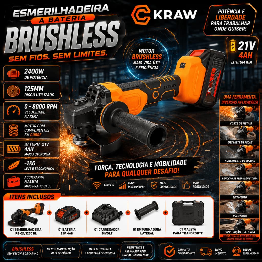 Esmerilhadeira a Bateria 21V 4Ah Brushless 125mm 8000RPM Sem Fio Maleta KRAW RB-21/125CBL