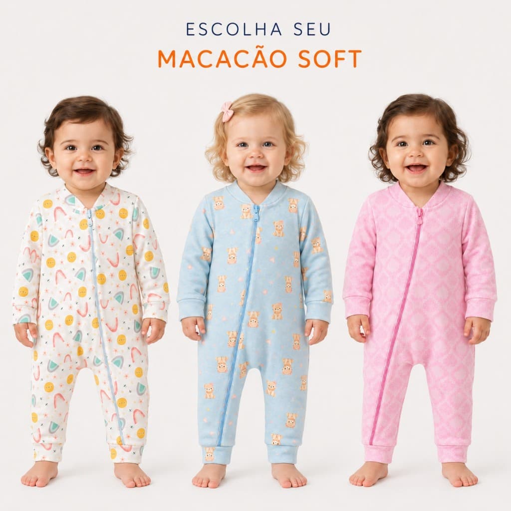 Macacao Bebe Menina Soft com Ziper Frontal Inverno Quentinho P ao G Roupa De bebe Menina