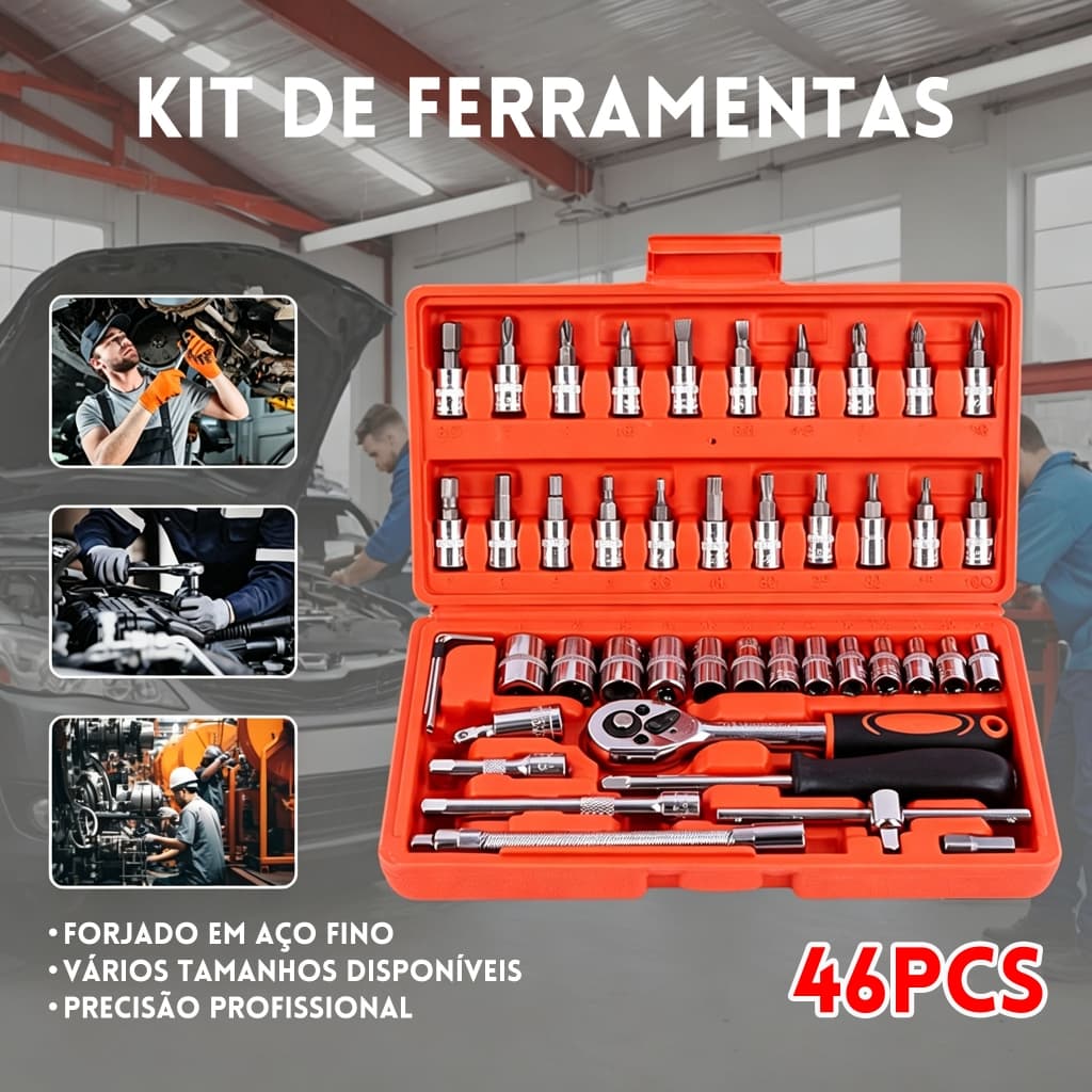 Kit de Ferramentas 46 Peças Chave Catraca Soquetes Caixa Automotivo Completo KL-5001