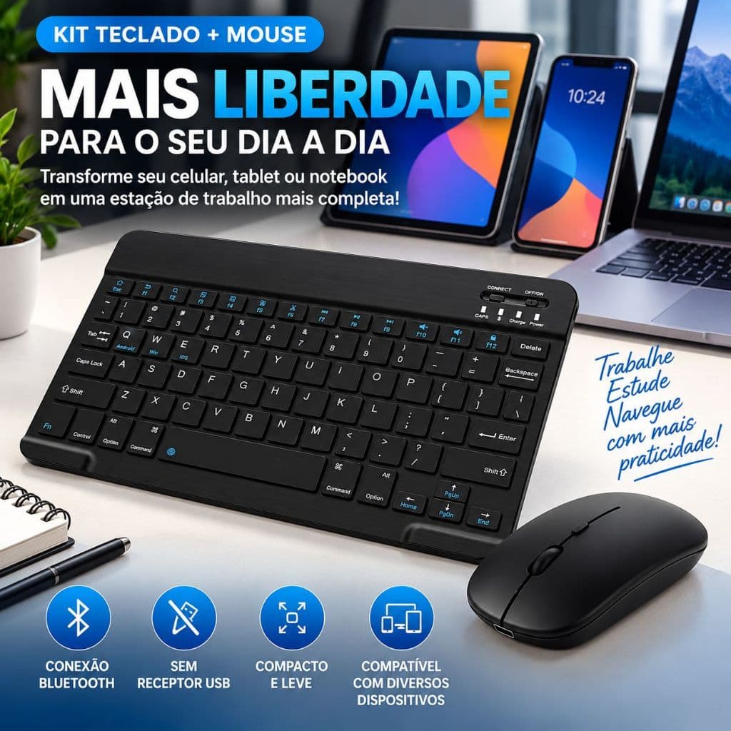 Kit Teclado e Mouse Bluetooth Sem Fio para Tablet Celular Notebook Android iOS Windows Preto