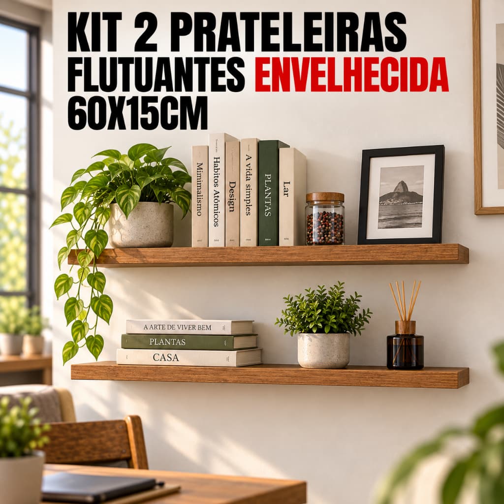 Prateleira Suporte Invisível Kit 2 4 6 Prateleira de Madeira Parede 60x15 Pinus Maciça Envelhecida