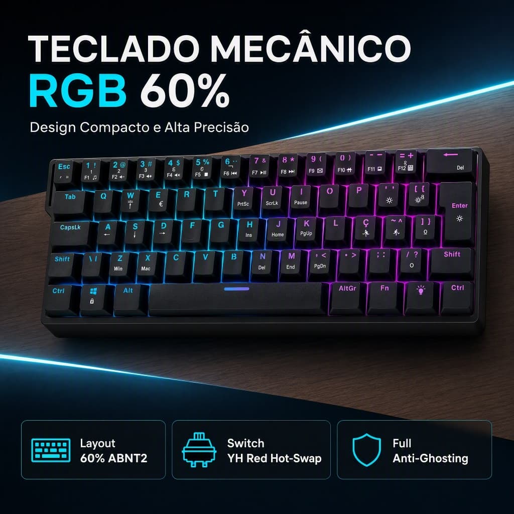 Teclado Mecânico 60% Compacto 63 Teclas ABNT2 Switch Red Silencioso USB-C para Setup