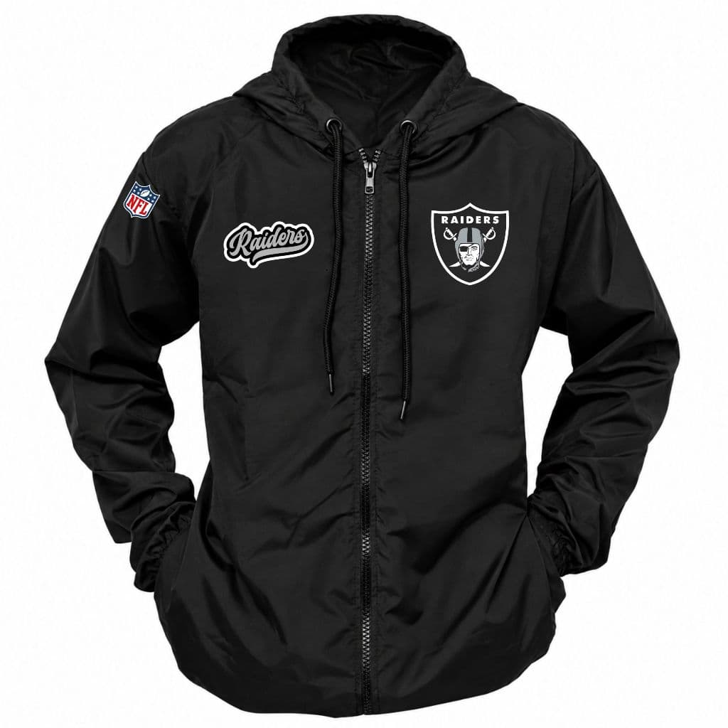 Jaqueta Corta Vento Masculina  ESTAMPADA Raiders NFL Capuz Bolso Zíper Academia Corrida Dia Dia