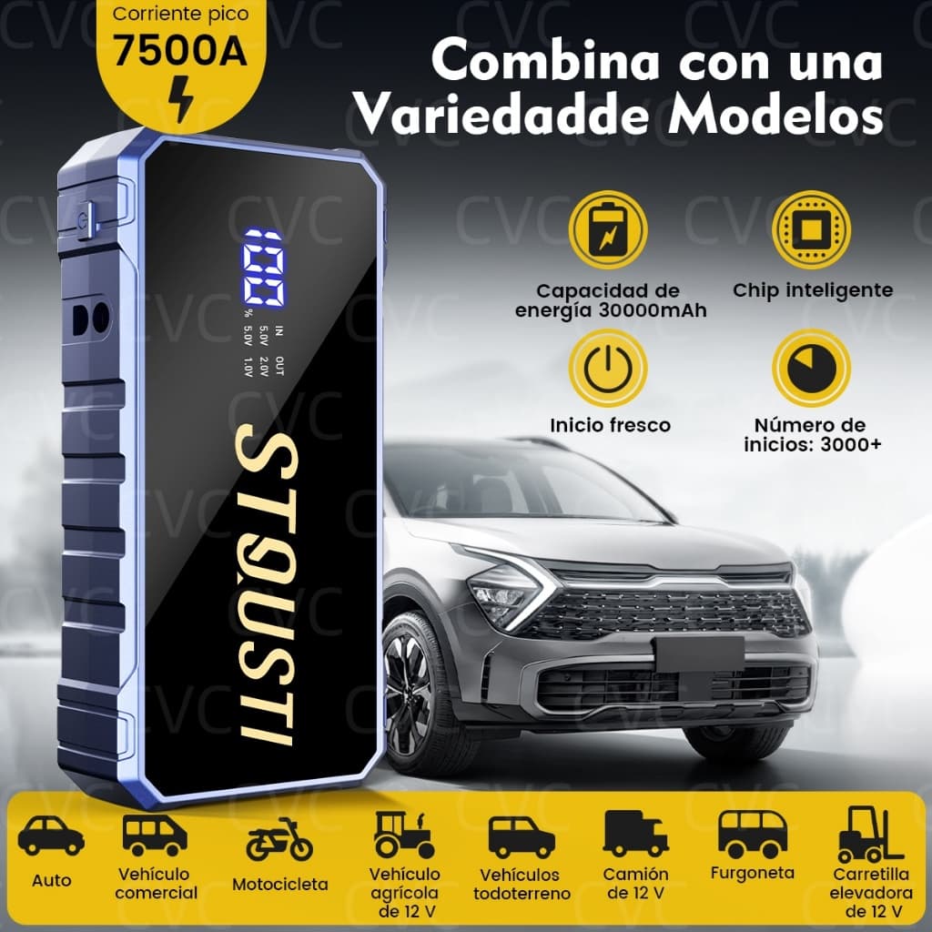 Auxiliar de Partida Veicular 7500A e Carregador 30000mAh para Carros e Motos e SUVs