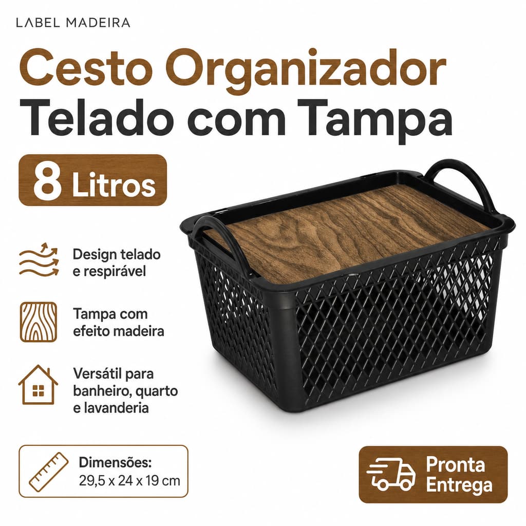 Cesto Organizador Telado com Tampa Efeito Madeira 8L para Banheiro, Quarto e Lavanderia