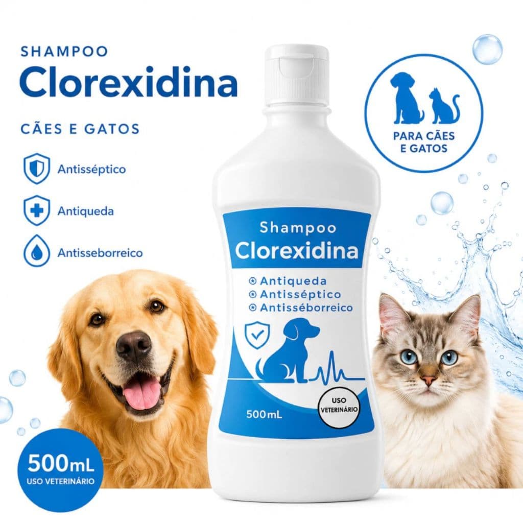 Shampoo Clorexidina para Dermatite em Cães e Gatos - Anti Seborreia, Antisséptico e Antiqueda - 500ml