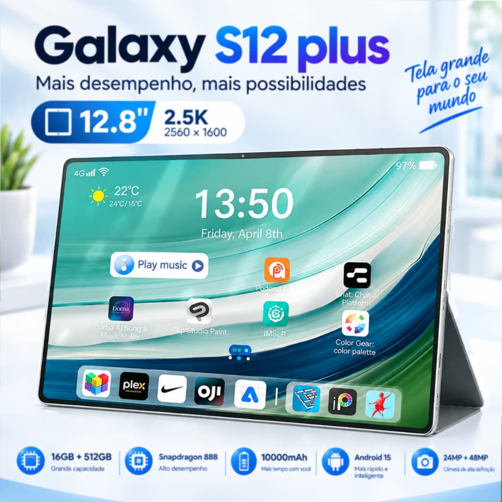 Galaxy S12 Plus 16+512GB Android 15 Tela 12,8" FHD 10000mAh Trabalho/Entretenimento