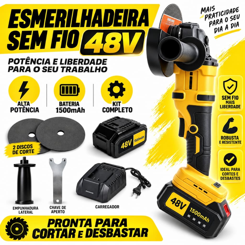 【3 Anos Gar】 Esmerilhadeira Angular Brushless 48V 1500mAh de Lítio para Corte e Lixamento