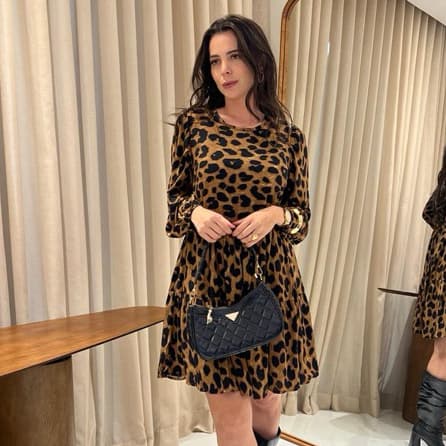 Vestido Feminino Manga Longa Soltinho Elegante Princesa Animal Print Vestido Casual
