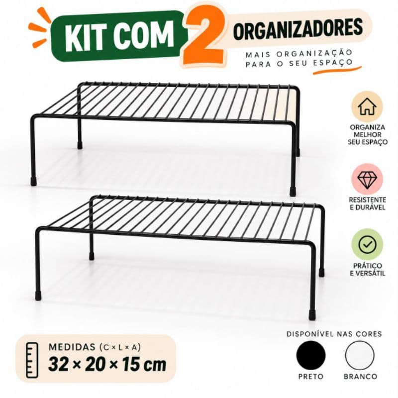 Kit 2 Organizadores Aramados 32x20x15cm Prateleira de Armário Cozinha Despensa Multiuso Preto ou Branco