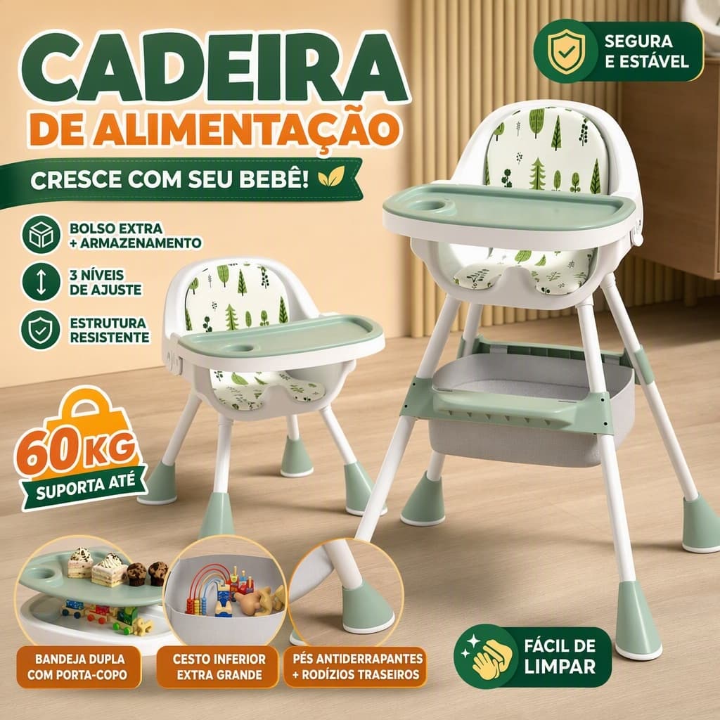 Cadeirinha de Alimentação Bebê 3 em 1 Dobrável Segura, Suporta 60KG Estrutura Triangular, Rodinhas e Bandeja Removível