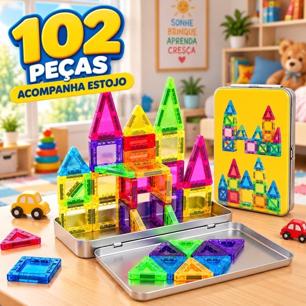 Kit Brinquedo Blocos Magnéticos Infantil Educativo 3D Montagem Criativa Mini de Construção
