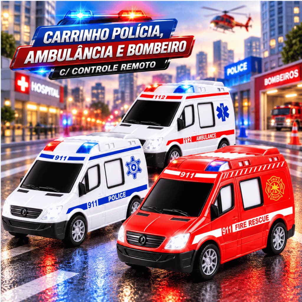 Carrinho Polícia,Ambulance,Bombeiro C/ Controle Remoto Luz e Som Zoop Toys
