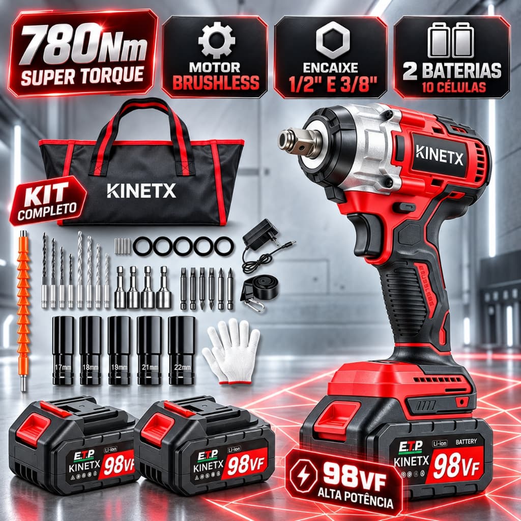 【KINETX】780Nm Chave De Impacto Brushless 2 Baterias 98Vf Parafusadeira Furadeira Kit 41 Pçs
