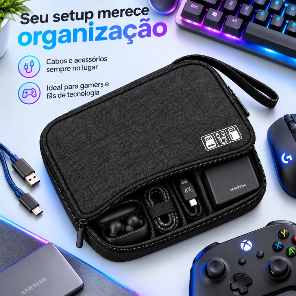 Organizador Cabos Gamer e Acessórios - Estojo para Controle, Fone e HD Externo SSD - Proteção para Setup e Viagem