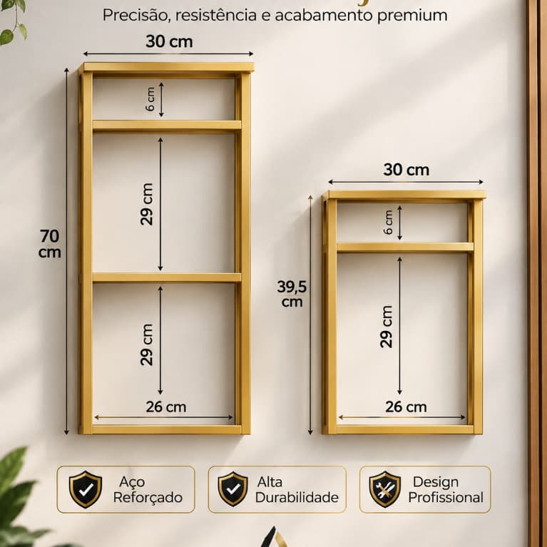 Kit 3 Suportes Prateleira Industrial Aço dourado | Estilo Loft Parede 15 x15mm Alta Resistência 30 cm