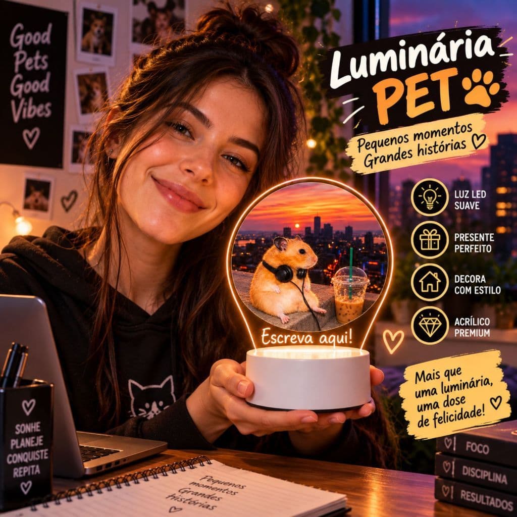 Luminária LED Hamster Música Café Abajur 3D de Mesa UV Personalizada com Nome Decoração Presente