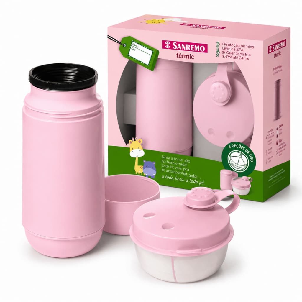 Conjunto Garrafa Térmica com Pote 3 Doses Leinte em Pó Infantil Rosa VOLTA AS AULAS Envio24h