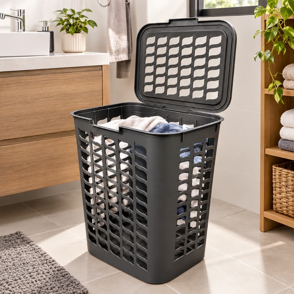 Cesto Telado Retangular Plasnew 55L Organizador Multiuso com Tampa para Banheiro Área de Serviço