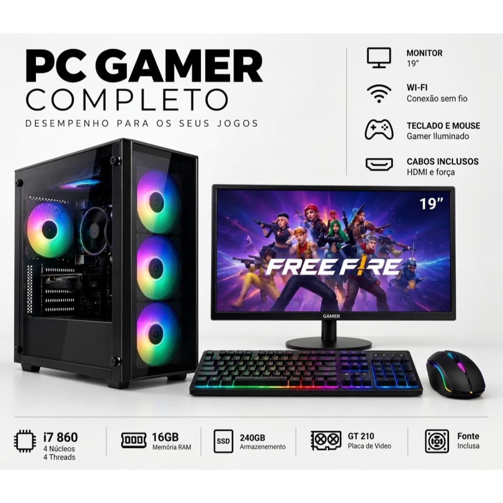 Cpu Gamer Barato I7 16gb Ssd 240gb Wifi + Fonte + Gt 210 + Monitor 15"