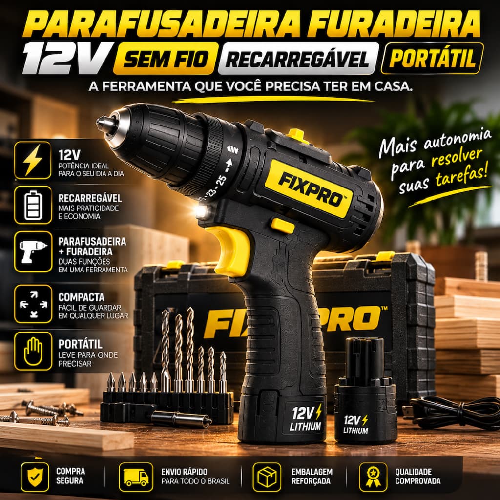 Parafusadeira Furadeira 12V Sem Fio Recarregável Portátil
