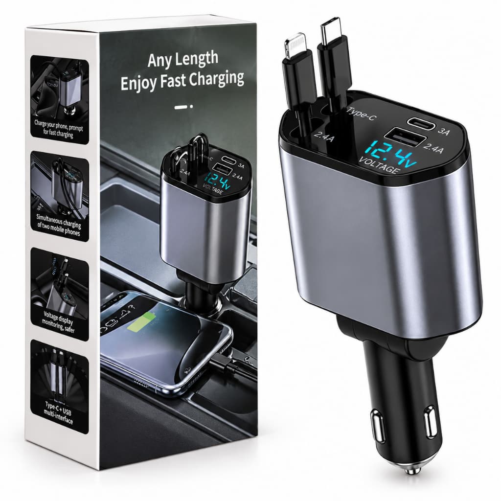 Carregador Rápido para Carro 4-em-1 Carregador Veicular 66W com Cabos Retráteis USB-C e Lightning