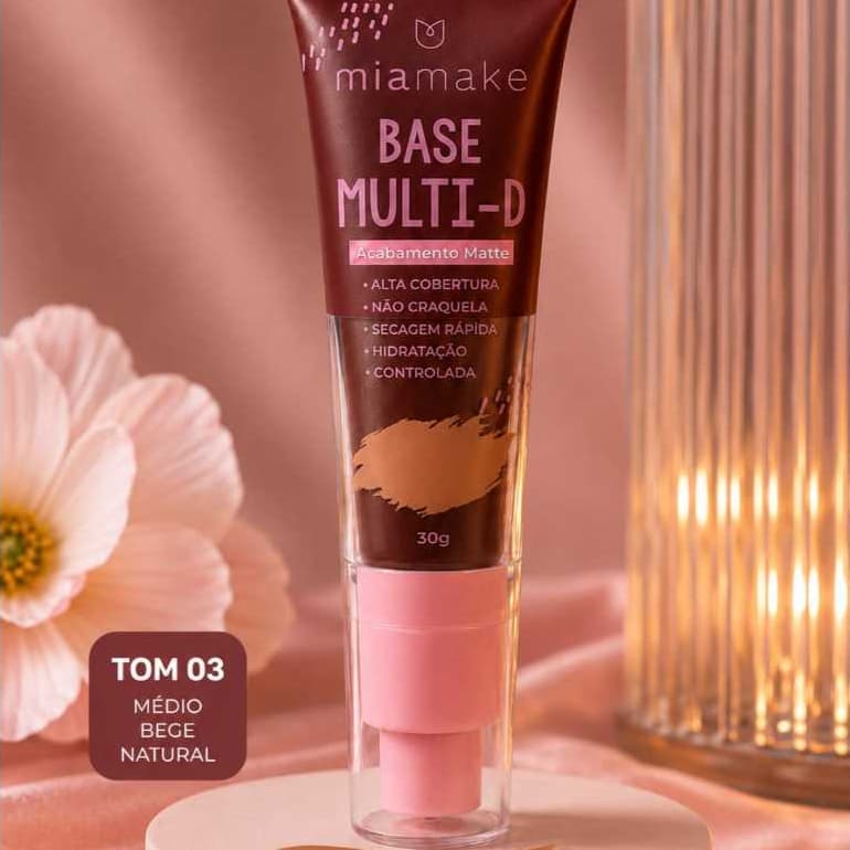 Base Líquida Mia Make Multi-D 414 - Alta Cobertura, Acabamento Matte, Hidratação Controlada