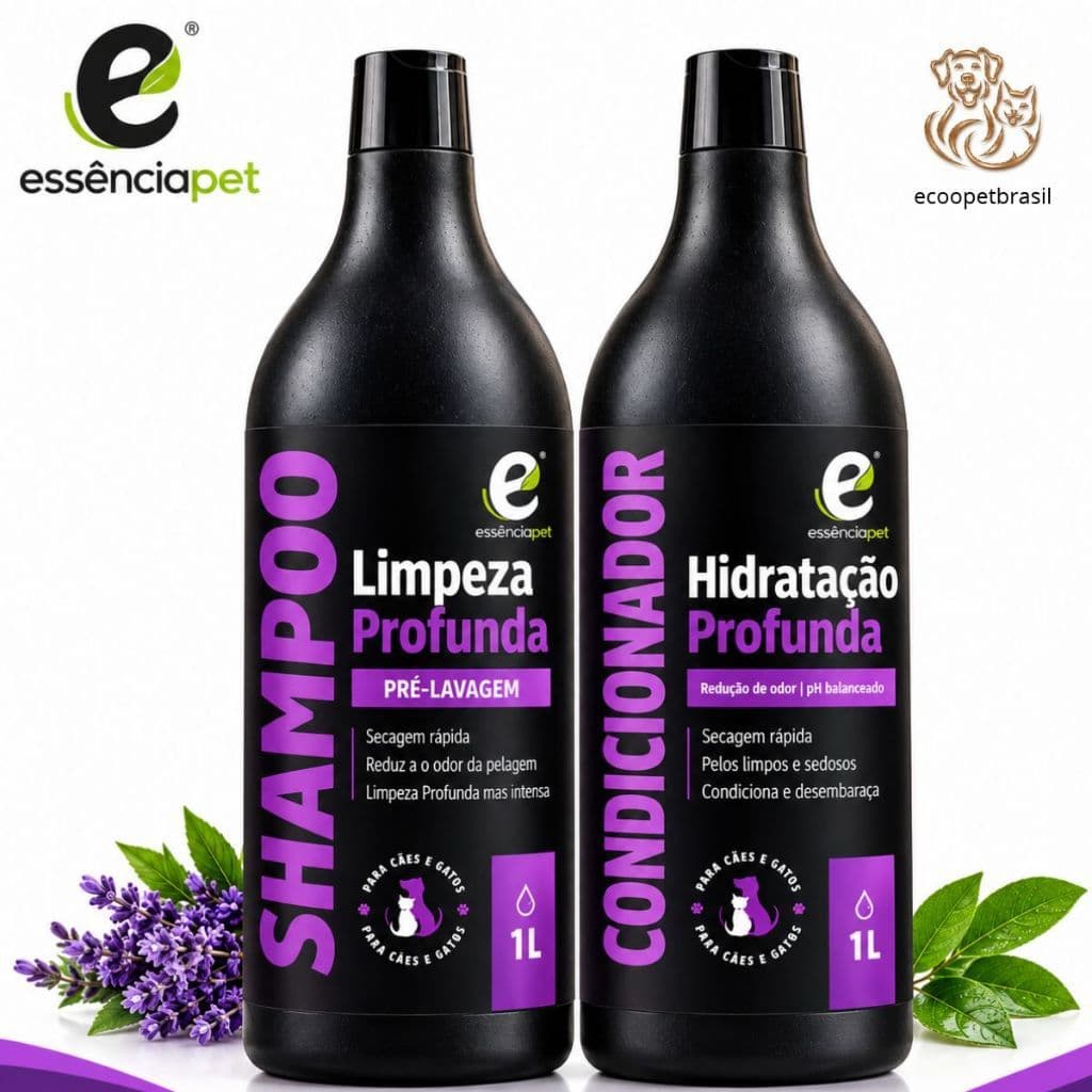 Kit Shampoo e Condicionador Essência Pet Limpeza e Hidratação Profunda para Cães e Gatos 1L Premium