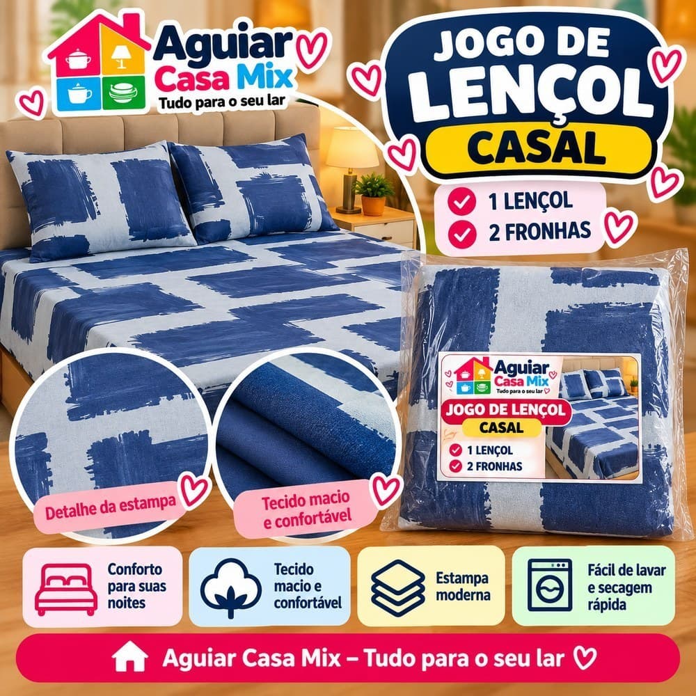 Jogo de Lençol Casal 3 Peças 1 Lençol + 2 Fronhas Estampado Macio