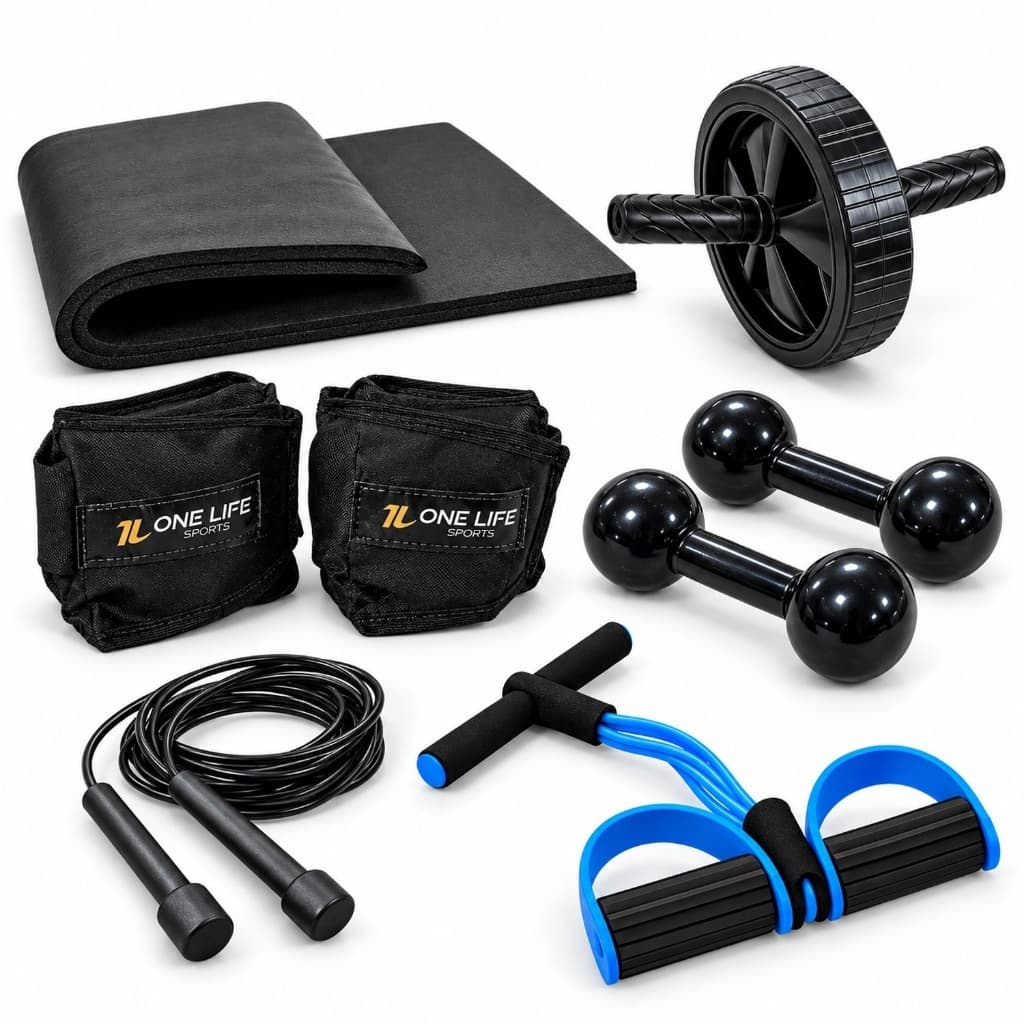 Kit Academia Fitness com Caneleiras 1kg, Halteres 1kg, Roda Abdominal, Extensor, Colchonete e Corda de Pular