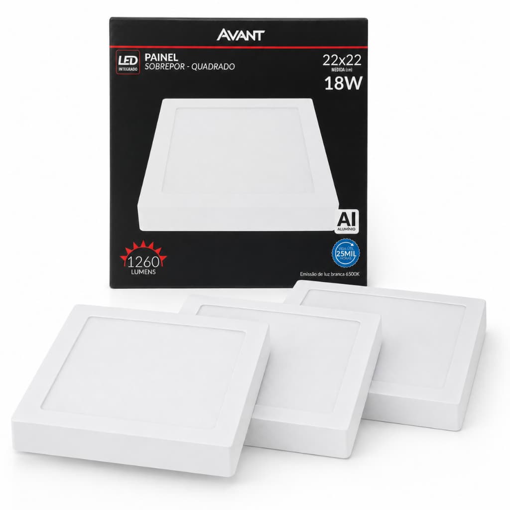 Kit 3  Painel  ALUMÍNIO 22x22  Led 18W Quadrado Sobrepor Branco Frio 6500k Avant