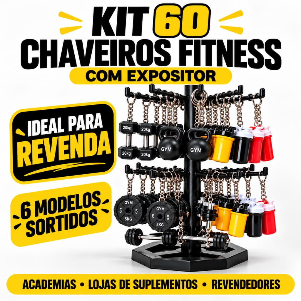 Kit 60 Chaveiros Fitness REVENDA + EXPOSITOR GRÁTIS | Halter, Kettlebell, Anilha, Coqueteleira, Barra Academia