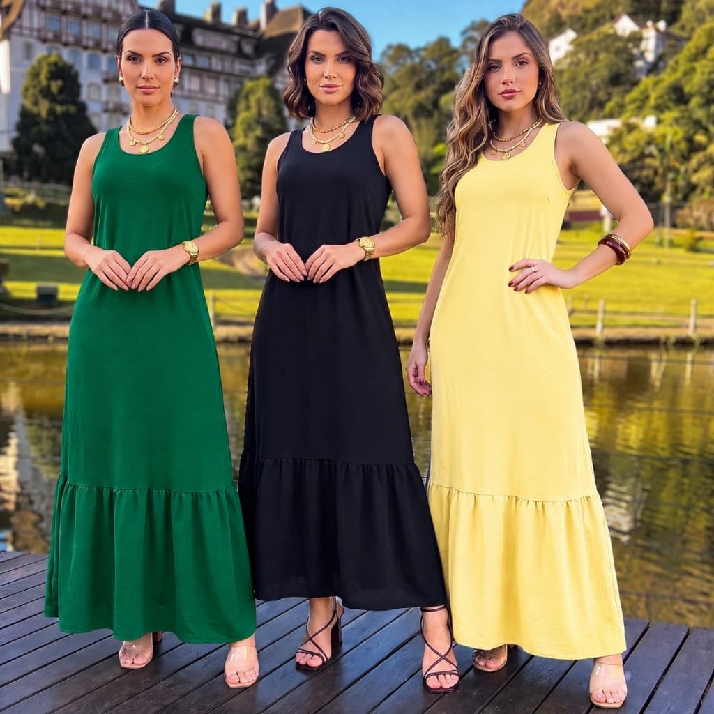 Vestido Longo Feminino Forrado Crepe Dunas AirFlow Soltinho Elegante