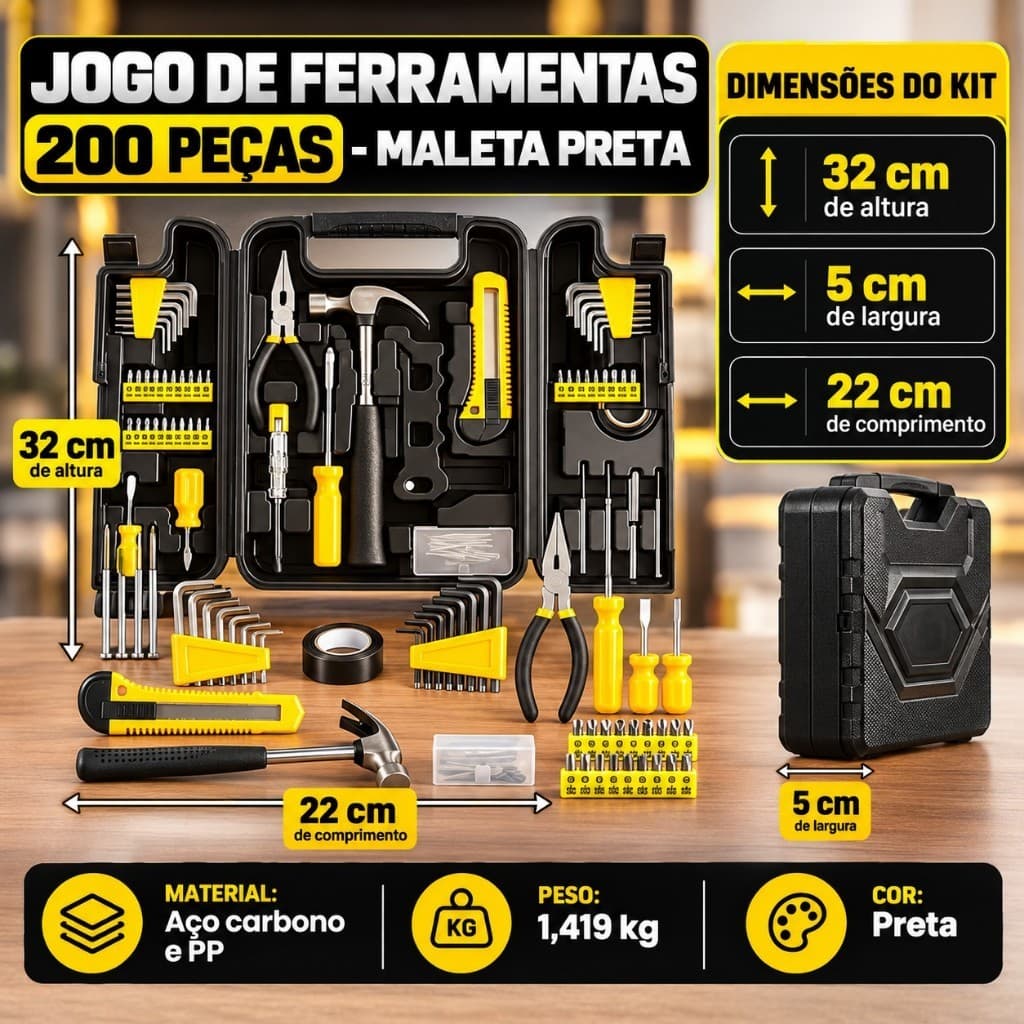 Kit de Ferramentas 200 Pecas Maleta Organizadora Preta Kit Completo Casa Oficina Reparos