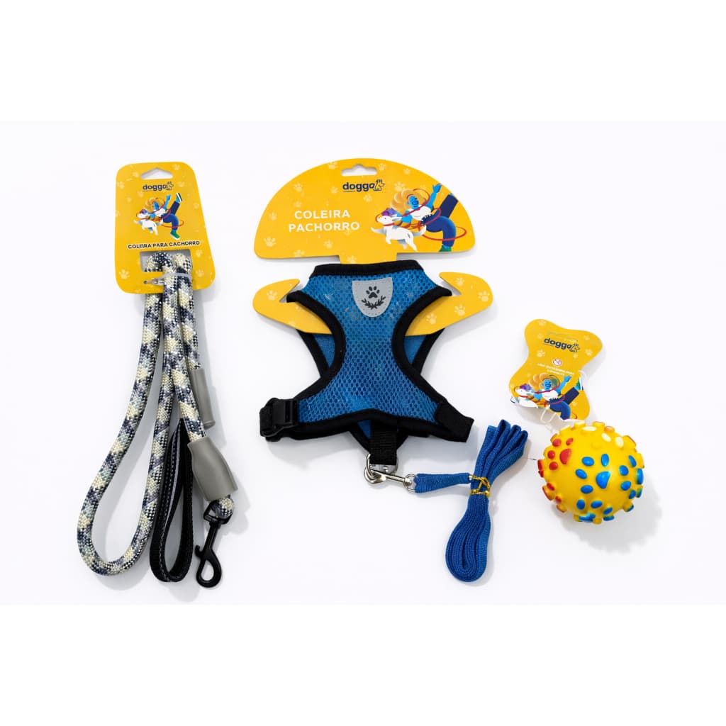 Kit Pet 3 Peças – Peitoral ou Coleira de Pano + Guia + Brinquedo de Bola para Cães e Gatos