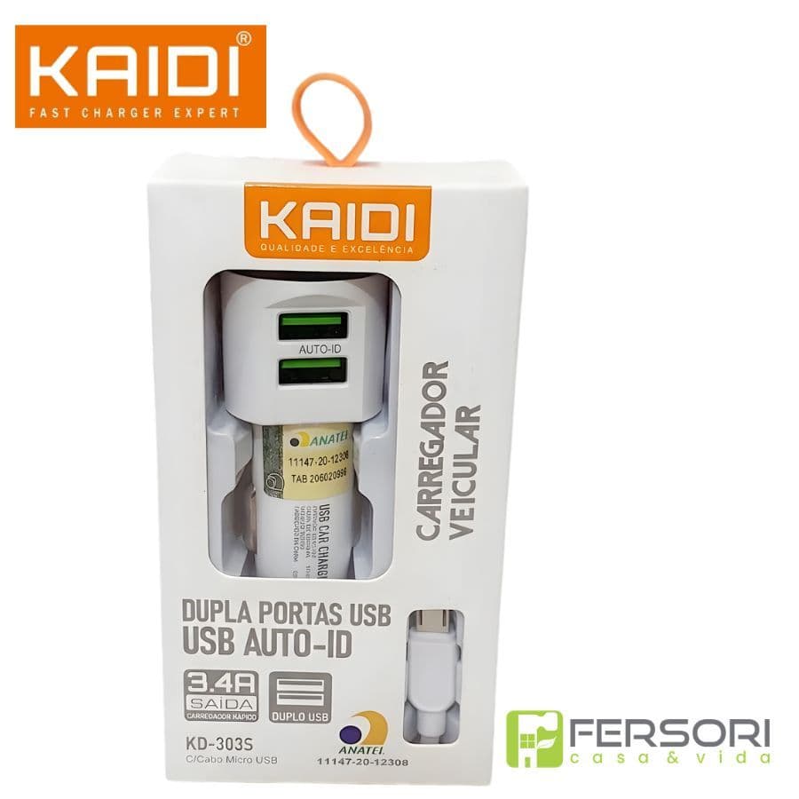 Carregador Veicular Kaidi KD-303S Dual USB + Cabo Micro USB V8